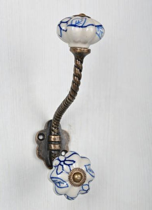 Blue Design On White Ceramic Cabinet Knob With Metal Wall Hanger