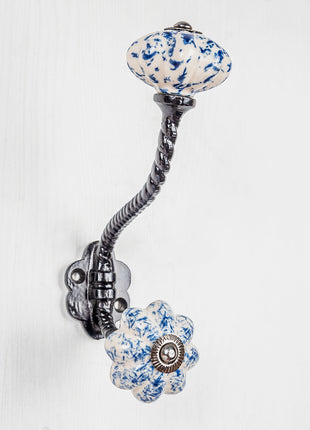 Blue design on White Base Ceramic knob With Metal Wall Hanger