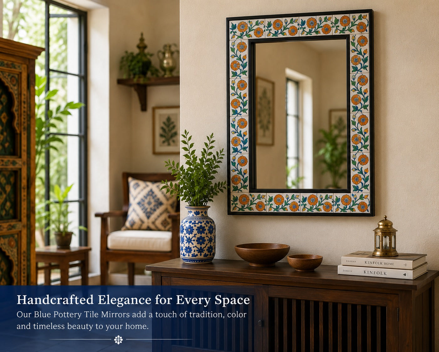 Custom Handmade Blue Pottery Wooden Tile Mirrors | Artisan Wall Décor by Knobco