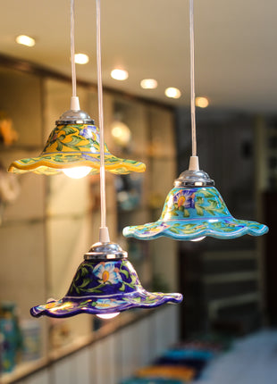 Yellow color blue pottery hanging lamp