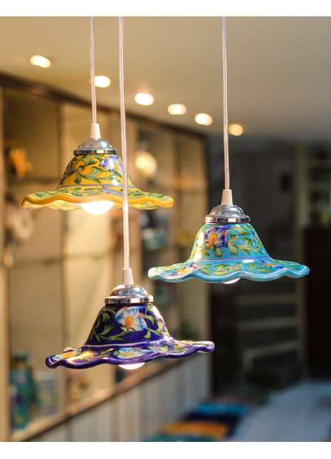 Yellow color blue pottery hanging lamp