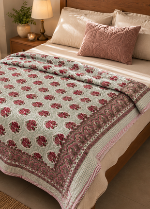 Handmade Floral Block Print Cotton Quilt – Reversible Lightweight Bedspread for All Seasons
