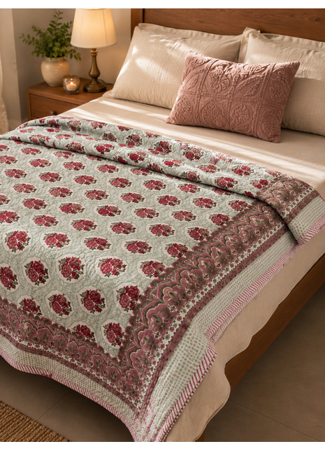 Handmade Floral Block Print Cotton Quilt – Reversible Lightweight Bedspread for All Seasons