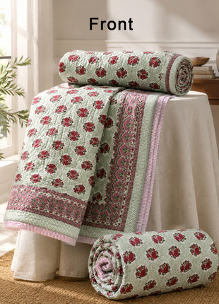 Handmade Floral Block Print Cotton Quilt – Reversible Lightweight Bedspread for All Seasons