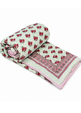 Handmade Floral Block Print Cotton Quilt – Reversible Lightweight Bedspread for All Seasons
