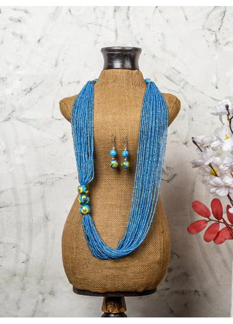 Handmade Turquoise Color Blue Pottery Three Bead Side Necklace with Earrings