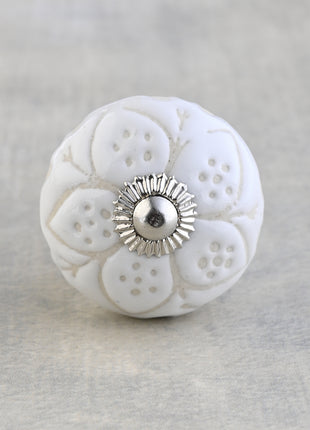 White Ceramic Designer Embossed Dresser Cabinet Knob
