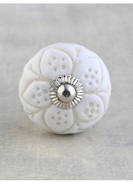 White Ceramic Designer Embossed Dresser Cabinet Knob