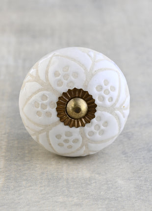 White Ceramic Designer Embossed Dresser Cabinet Knob
