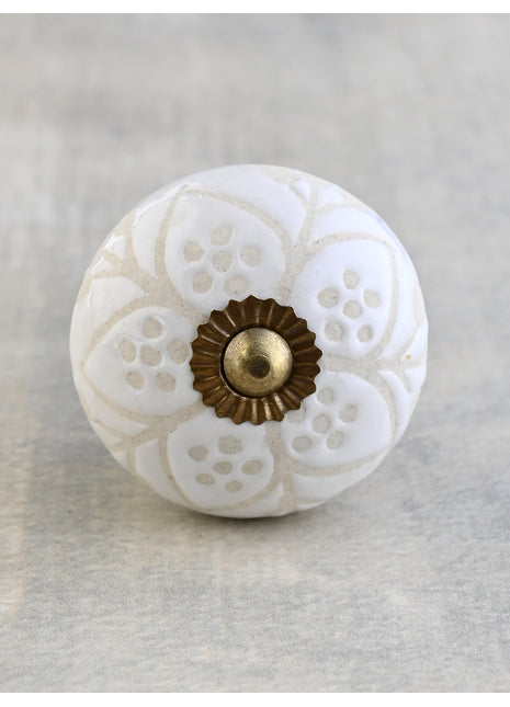 White Ceramic Designer Embossed Dresser Cabinet Knob