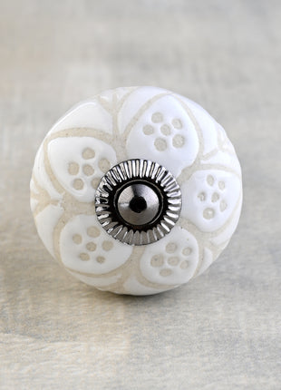 White Ceramic Designer Embossed Dresser Cabinet Knob