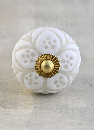 White Ceramic Designer Embossed Dresser Cabinet Knob