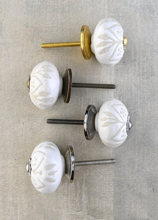 White Ceramic Designer Embossed Dresser Cabinet Knob
