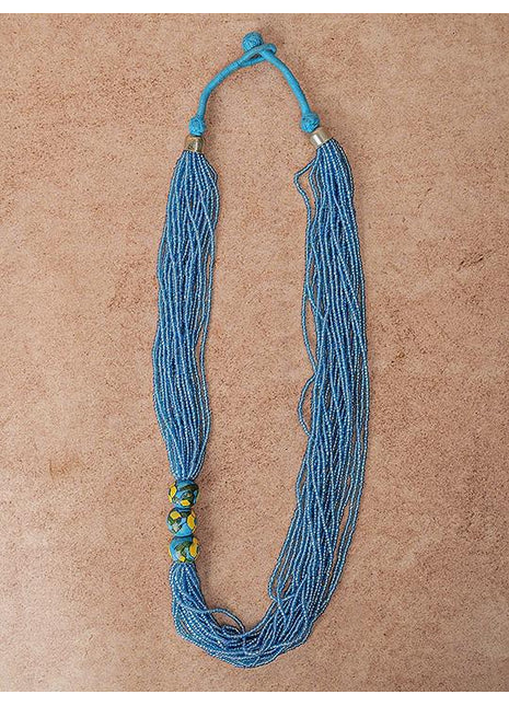 Handmade Turquoise Color Blue Pottery Three Bead Side Necklace with Earrings