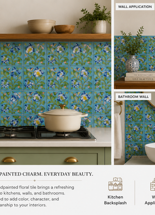 Blue flowers with green leaves on turquoise tile