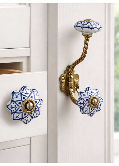 Blue Design Ceramic Drawer Cabinet  Knob & Hanger Bundle – Decorative Closet Hardware Set
