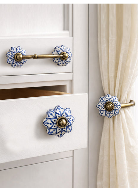Blue Design Ceramic Knob, Curtain Tie & Pull Bundle