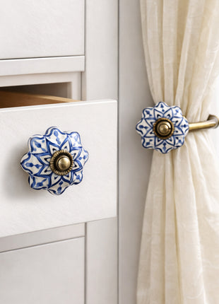Blue Design Ceramic Drawer Cabinet Knob & Curtain Tie Bundle