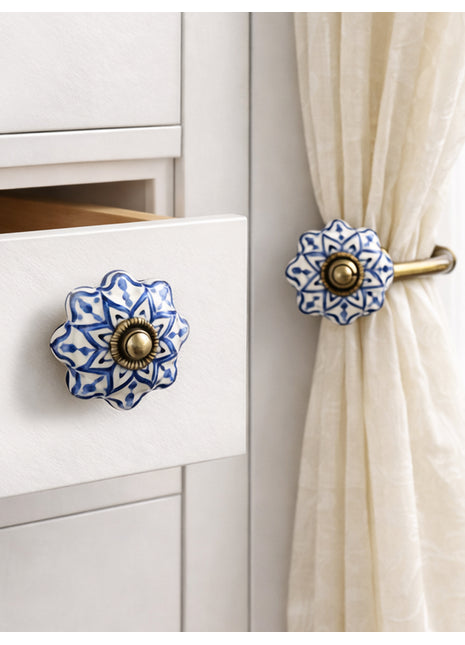 Blue Design Ceramic Drawer Cabinet Knob & Curtain Tie Bundle