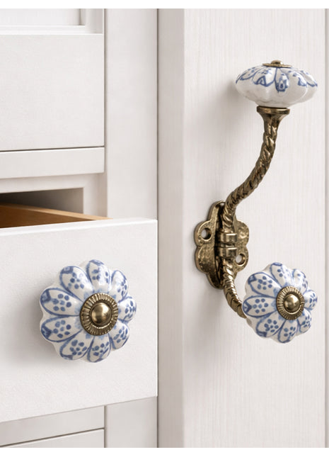 Blue Design On White Base Ceramic Cabinet  Knob & Hanger Bundle – Decorative Closet Hardware Set (Copy)