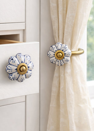 Blue Design On White Base Drawer Cabinet Knob & Curtain Tie Bundle