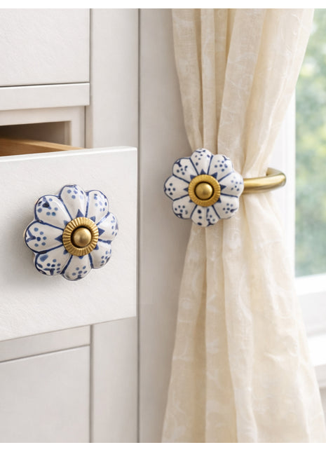 Blue Design On White Base Drawer Cabinet Knob & Curtain Tie Bundle