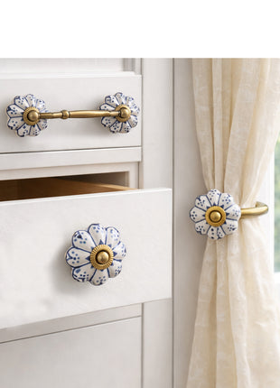 Blue Design On White Base Ceramic Knob, Curtain Tie & Pull Bundle
