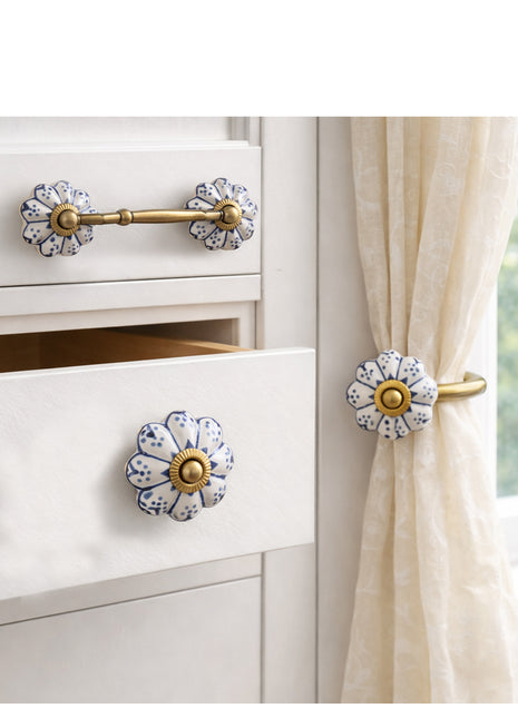 Blue Design On White Base Ceramic Knob, Curtain Tie & Pull Bundle