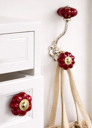 Stylish Maroon Handpainted Ceramic Cabinet  Knob & Hanger Bundle – Decorative Closet Hardware Set 01