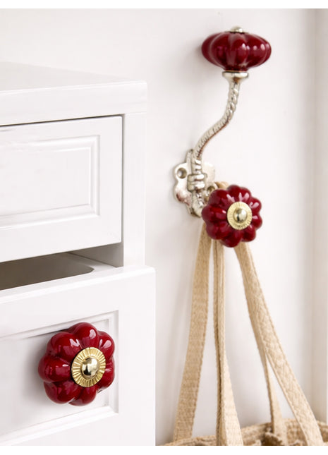 Stylish Maroon Handpainted Ceramic Cabinet  Knob & Hanger Bundle – Decorative Closet Hardware Set 01