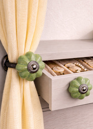 Handmade Green Cracked Ceramic Drawer Cabinet Knob & Curtain Tie Bundle