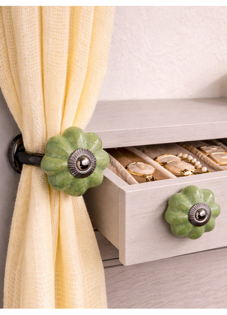 Handmade Green Cracked Ceramic Drawer Cabinet Knob & Curtain Tie Bundle