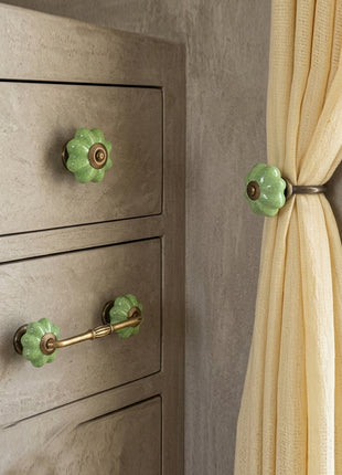 Handmade Green Cracked Ceramic Knob, Curtain Tie & Pull Bundle