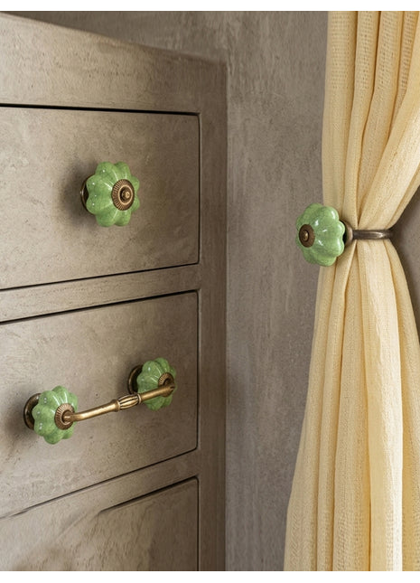Handmade Green Cracked Ceramic Knob, Curtain Tie & Pull Bundle