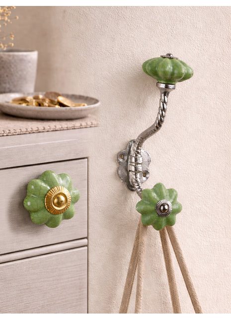 Handmade Green Cracked Ceramic Cabinet  Knob & Hanger Bundle – Decorative Closet Hardware