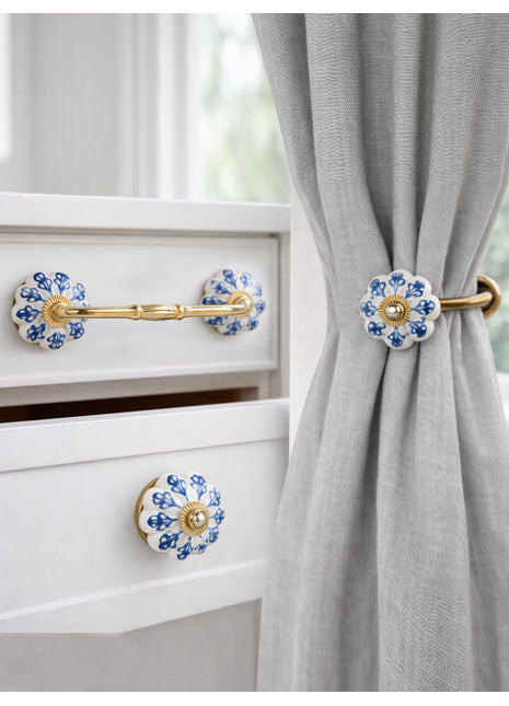 Blue Design Ceramic Knob, Curtain Tie & Pull Bundle 01