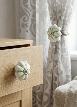 Green design on White Base Drawer Cabinet Knob & Curtain Tie Bundle