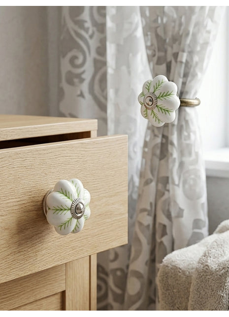 Green design on White Base Drawer Cabinet Knob & Curtain Tie Bundle