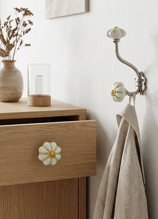 Green design on White Base Ceramic Cabinet  Knob & Hanger Bundle – Decorative Closet Hardware