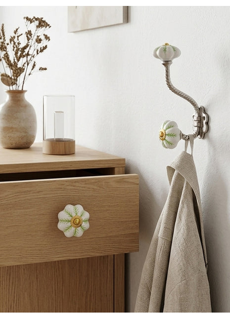 Green design on White Base Ceramic Cabinet  Knob & Hanger Bundle – Decorative Closet Hardware
