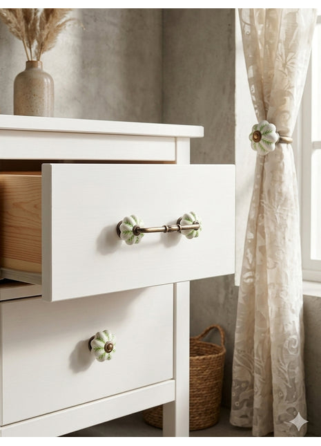 Green design on White Base Ceramic Knob, Curtain Tie & Pull Bundle