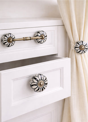 Black Design On White Ceramic Knob, Curtain Tie & Pull Bundle