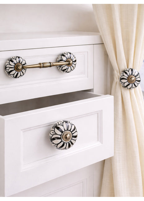Black Design On White Ceramic Knob, Curtain Tie & Pull Bundle
