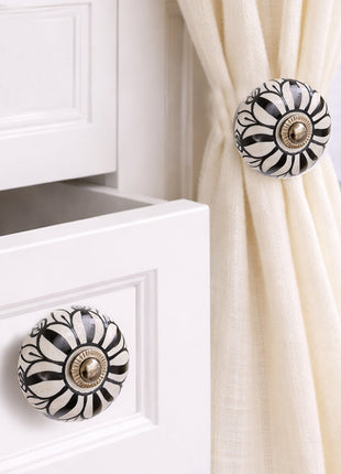 Black  Design On White Ceramic Drawer Cabinet Knob & Curtain Tie Bundle
