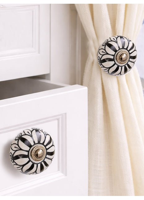 Black  Design On White Ceramic Drawer Cabinet Knob & Curtain Tie Bundle