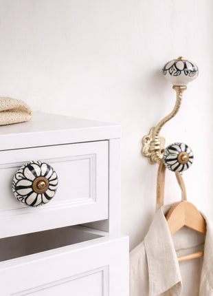 Black Design On White Ceramic Knob  & Hanger Bundle – Decorative Closet Hardware Set