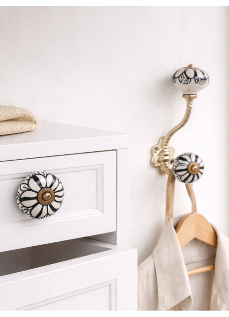 Black Design On White Ceramic Knob  & Hanger Bundle – Decorative Closet Hardware Set