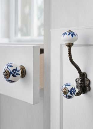 White Ceramic Drawer Cabinet Knob With Blue Petals Knob & Hanger Bundle – Decorative Closet Hardware Set