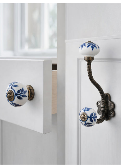 White Ceramic Drawer Cabinet Knob With Blue Petals Knob & Hanger Bundle – Decorative Closet Hardware Set
