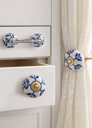 Blue Design Ceramic Knob, Curtain Tie & Pull Bundle